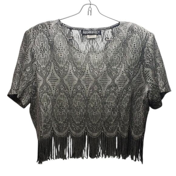 Vintage Absolutely Silver Metallic Crochet Fringe Crop Top Sz 16 Boho Glam - Picture 1 of 9